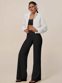 TimeOff Women's One Set Solid Color Spaghetti Strap Backless Bra High Waist Tummy Control Wide Leg Pants Sports Set - Black - View 9