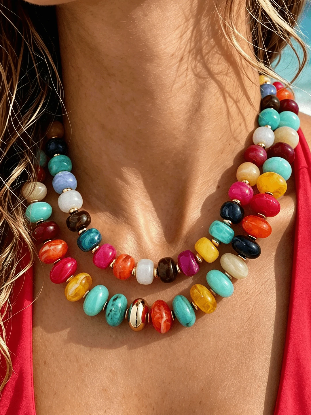2/1pc Acrylic Pmma Chunky Coloful Beaded Necklace Set For Women, Boho Summer Fashion Bead Necklace Suitable For Daily Wear Beach Holiday,Jewelry Gift - Multicolor - View 1