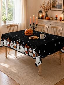 1 buah Taplak Meja Hantu Halloween Hitam, Hantu Putih, Lentera , Kelelawar, Jaring Laba-laba dan Cetakan Tanda BOO, Desain Tepi Bergelombang, Cocok untuk Pesta, Meja Makan dan Dekorasi Liburan Rumah - MultiWarna - View 10