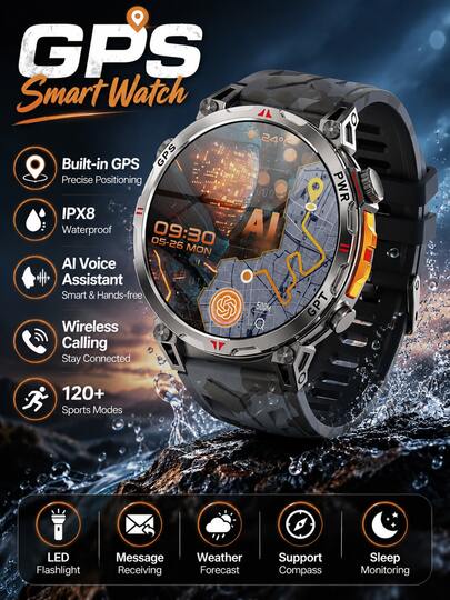 Hwagol Smartwatch militare con GPS, smartwatch con assistente vocale GPT, schermo da 1,56 pollici per uomo, chiamate wireless, oltre 100 modalità sportive, compatibile con Android e iOS