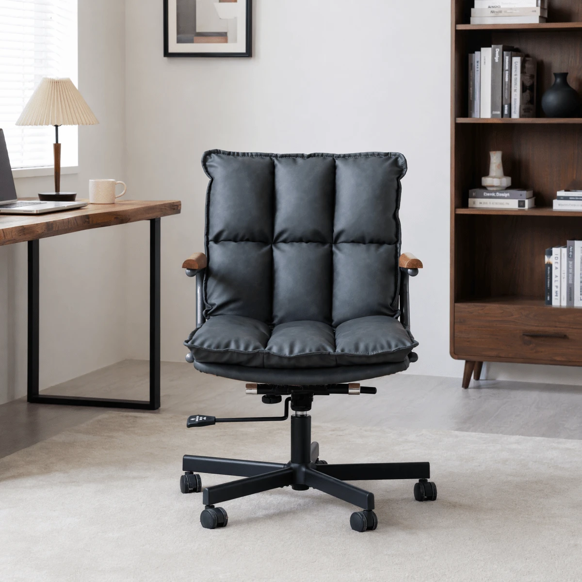 Home Office Desk Chair, Ergonomic Leather Computer Chair With Wheels And Oak Armrests, Height-Adjustable Swivel Executive Chair WL - 黑色+PU皮革 - 查看 1