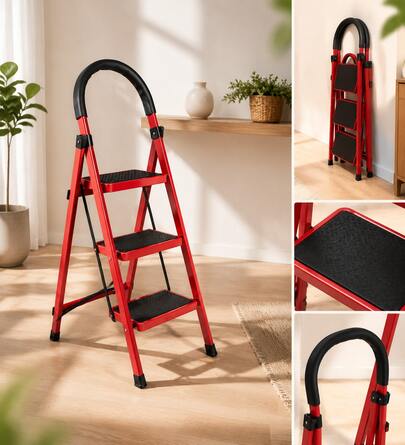 Escalera Plegable de 3 Peldaños, Aluminio, Escalera de Tijera para Interior y Exterior, Portátil Multifuncional (Rojo, 3 PELDAÑOS)