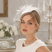 1pc Vintage Elegant Veil Hair Accessory With Feathers And Mesh, Suitable For Bridal Photography And Themed Party Headpiece - A - View 1