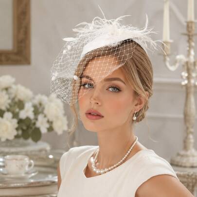1pc Vintage Elegant Veil Hair Accessory With Feathers And Mesh, Suitable For Bridal Photography And Themed Party Headpiece