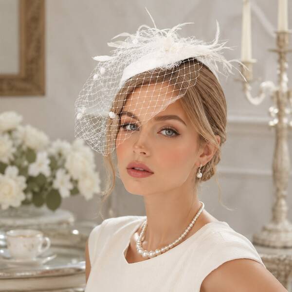 1 Stück Vintage eleganter Schleier Haarschmuck mit Federn und Netz, geeignet für Braut-Fotografie und Themenparty Kopfschmuck