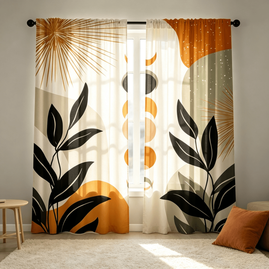 2pcs Abstract Bohemian Moon Phase & Leaf Print Curtains, Single-Sided 2D Flat Print, Translucent, Polyester, Rod Pocket Style, Suitable For Kitchen, Living Room, Dining Room Window Decor, Autumn Curtains, Curtains Only, Accessories Not Included