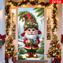 Cortina de puerta de elfo navideño 2D plana, personaje de dibujos animados lindo con decoraciones navideñas, esquema de color rojo y verde, poliéster duradero, sin necesidad de energía, adecuado para decoración con tema navideño, se puede usar para decoración de pared, puerta y ventana interior/exterior, decoración de ambiente festivo, hogar, centro comercial, estudio, escena exterior universal, material de poliéster, sin necesidad de energía - A - Ver 2