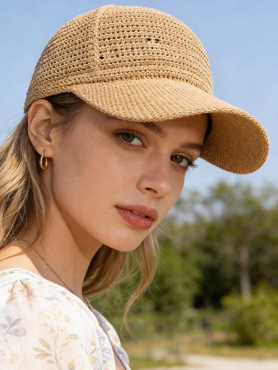 1pc Hollow Knit Knight Cap, Linen Knit Hollow Baseball Cap, Adjustable Outdoor Versatile Casual Baseball Cap, Spring/Summer Unisex Knit Hat - A - View 1