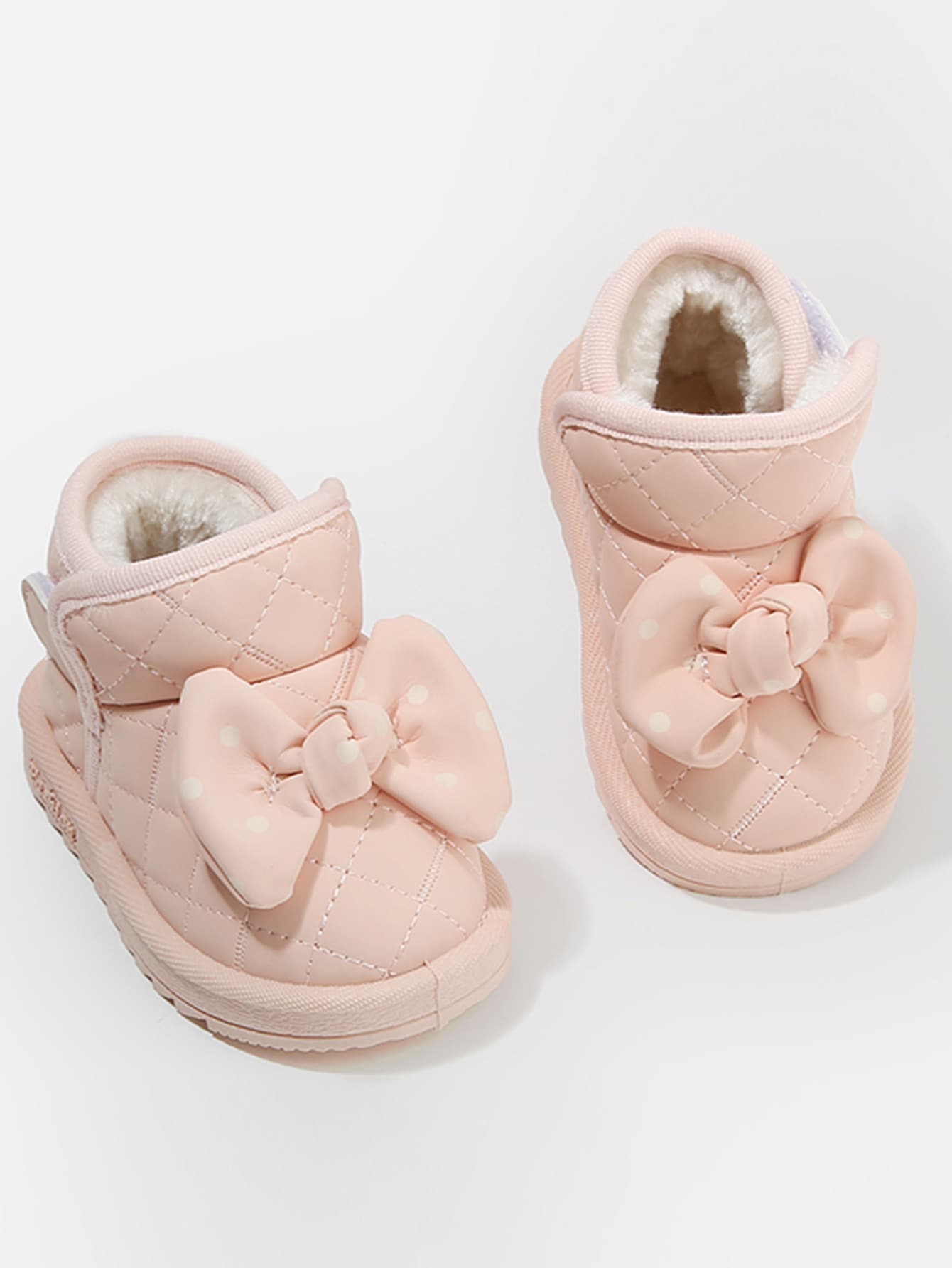 1 Pair Baby Girls Polka Dot Bow Short Round Toe Flat Snow Boots For Daily Wear [Choose By Actual Inner Length In Cm] - Pink - View 1