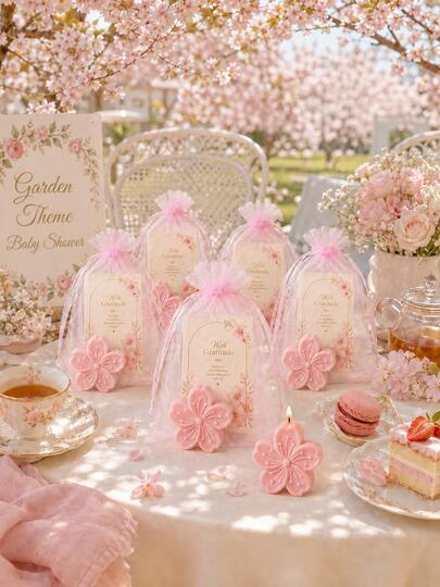 10 Sets Pink Floral Candles Baby Baptism Favors, Includes Organza Bags And Cards, Garden Theme Party Guest Gifts, Suitable For Weddings, Bridal Showers, Girls' Birthday Decorations
