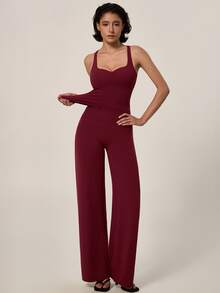 TimeOff Conjunto deportivo de mujer de un solo color con camiseta de tirantes de espalda nadadora con relleno extraíble y pantalones de cintura alta de pierna ancha - Rojo - Ver 6