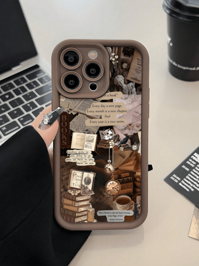 Casing Ponsel Modis dengan Motif Halaman Buku Tua Vintage, Jam, Cangkir Teh, Tanaman, dan Burung yang Dipersonalisasi, Menampilkan Gaya Estetika Sastra Vintage "Dark Academia" yang Kaya, Kompatibel dengan iPhone 17/17Pro/17ProMax/16/16Pro/16Pro/15/15Pro/15ProMax/14/13/12/11