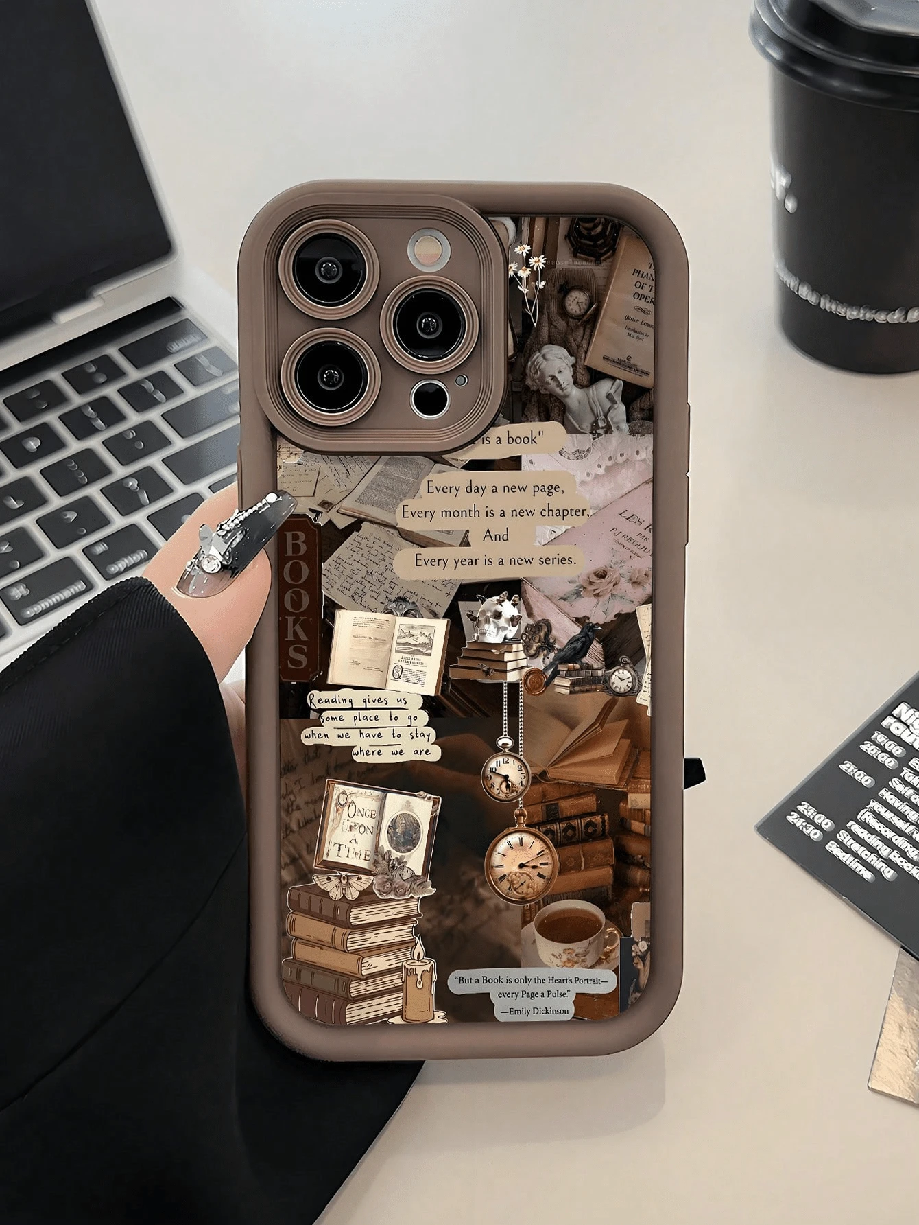 Fashionable Personalized Vintage Old Book Pages, Clock, Teacup, Plant And Bird Pattern Phone Case Showcasing Rich "Dark Academia" Vintage Literary Aesthetic Style Compatible With IPhone 17/17Pro/17ProMax/16/16Pro/16Pro/15/15Pro/15ProMax/14/13/12/11 - Brown - View 1