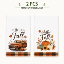 2pcs Set, Truck And Pumpkin Plaid Design Style Hand Towels, Ultra-Fine Microfiber Absorbent Towels, Suitable For Bathroom Cleaning, Home Cooking, Baking, Outdoor Activities, Tea Party Decoration And Home Use - Multicolor - View 13