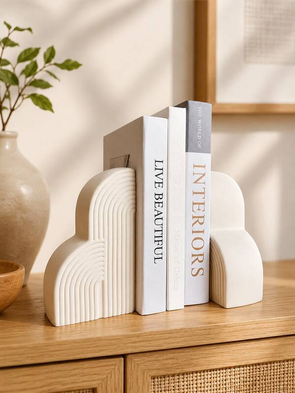 2pcs Modern Arch Bookends, White Resin Rainbow Bookends With Ribbed Geometric Design, Decorative Heavy Duty Bookshelf Book Supports, Suitable For Bookshelf, Office Desk, Living Room, Bedroom, Study, Library, Housewarming Gift