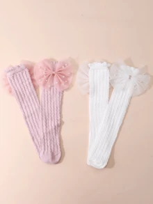 2 Pairs Girls Children Sweet Style Bow Mid-Calf Socks White / Pink Breathable Mid-Calf Socks Suitable For Daily Wear, Party Outfits - Multicolor - View 2