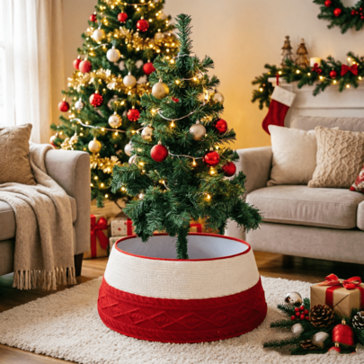 Falda para árbol de Navidad de punto de cable rojo/rosa/blanco/rojo & blanco, envoltura de árbol con patrón de argyle vintage, cubierta de base de árbol de Navidad suave y engrosada, falda de árbol de Navidad de punto de argyle rojo vintage estilo campestre americano, envoltura de base de árbol de Navidad suave y engrosada, decoración navideña de interior estilo campestre americano