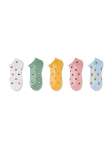 ZUJO 5 Pairs Women's Candy Color Short Socks, Fruit & Cherry Pattern, Suitable For Year-Round Home & Travel, Random Colors - Multicolor - View 5