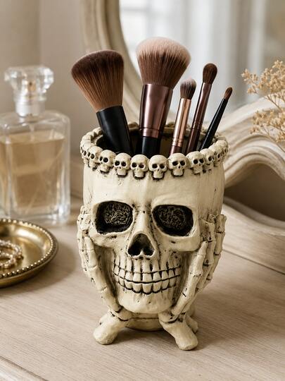 Skull Makeup Brush Holder, Gothic Vanity Organizer, Skeleton Cosmetic Storage Cup, Resin Skull Desk Decor, Dark Aesthetic Makeup Tool Holder, Halloween Gift For Women