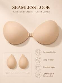 2/1pc Plus Size Invisible Halter Adhesive Bra, Detachable Transparent Strap Adhesive Bra, Seamless Backless Bra, Suitable For Dresses And Summer Outfits - Apricot - View 4