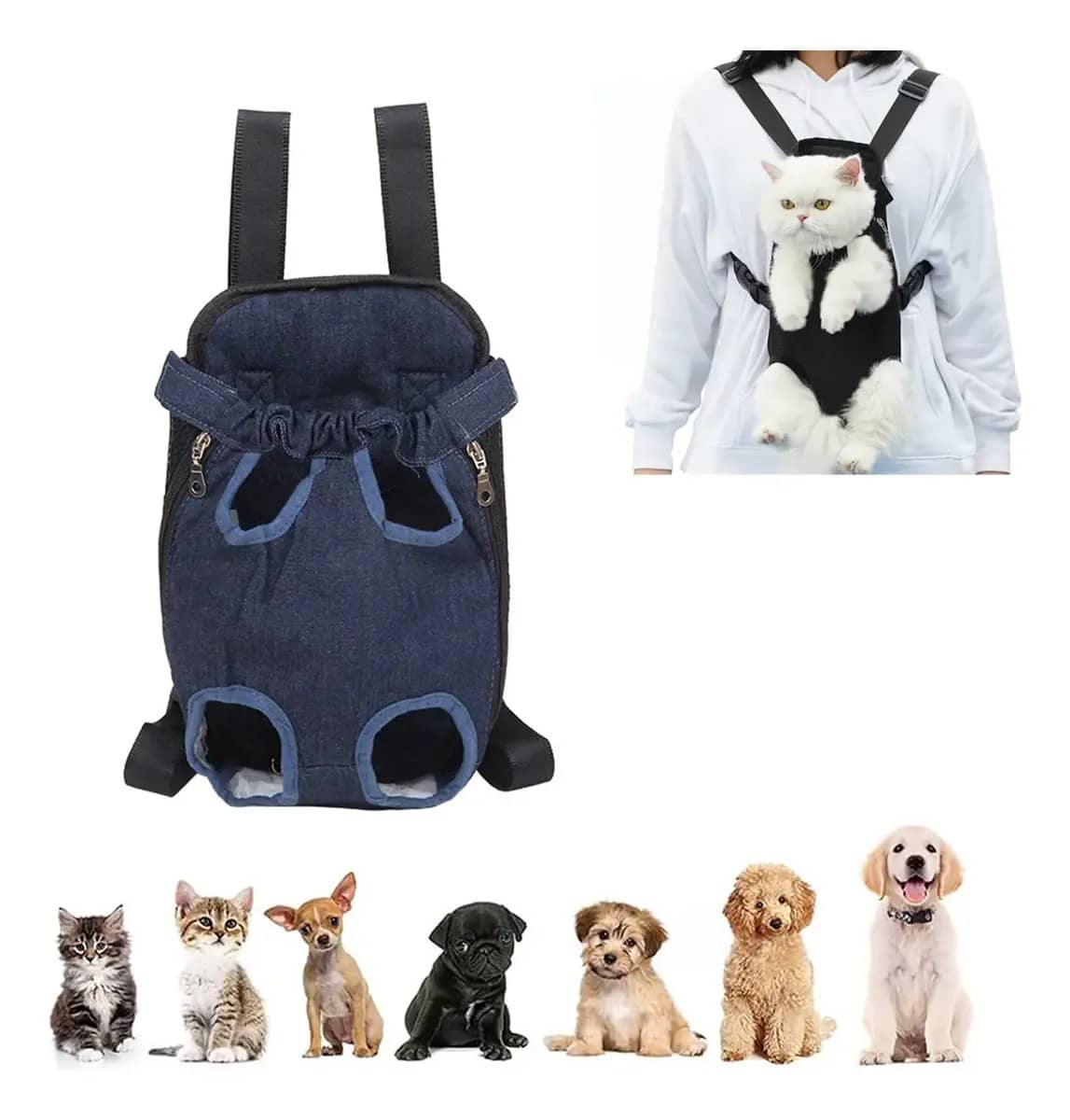 Mochila Cangurera Transportadora Perros Gatos Ajustable - Azul - Ver 1
