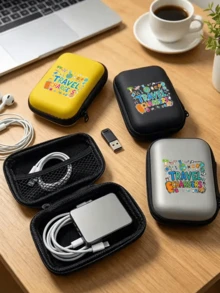 Bolsa Organizadora Digital Portátil de Casca Rígida de EVA Durável com Padrão de Letras "Carregadores de Viagem", Bolsa de Armazenamento de Produtos Eletrônicos, Mini Bolsa de Maquiagem, Organizador de Batom, Para Armazenar Acessórios Eletrônicos, Fones de Ouvido, Carregadores, Moedas, Produtos de Cuidados com a Pele de Tamanho de Viagem, Adequado para Férias, Dormitório, Escritório, Viagem, Presente de Aniversário Perfeito, Presente de Volta às Aulas, Presente de Abertura de Escola, Presente do Dia do Professor - Multicolorido - Visão 2