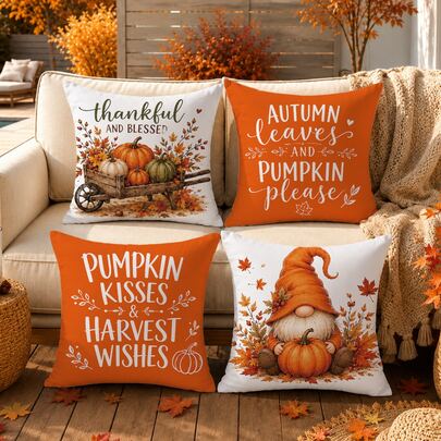 4pcs Autumn Vintage Pumpkin Gnome Cushion Covers, Single-Sided Printed Peach Skin Velvet Polyester Material, 45*45CM Throw Pillow Covers For Modern Fabric Sofa Indoor Decor, Party Decoration, Gift Giving