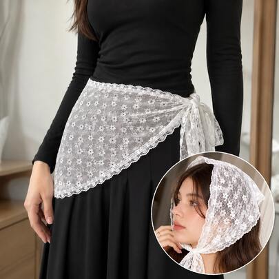 Lace Triangle Scarf, Helps Add Detail To Plain Outfits Without Bulky Layering; Sheer Floral Lace, Scalloped Edges And Long Ties Style As A Headscarf Or Waist Wrap For A Feminine Accent, Suitable For Daily Wear, Holidays, Beach Looks And Parties.
