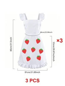 Cute Women's Long Strawberry Print Maid Apron With Shoulder Straps, Ruffle Lolita Kitchen Apron For Cooking, Baking, Housework And Cosplay - Multicolor - View 11