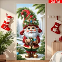 Cortina de puerta de elfo navideño 2D plana, personaje de dibujos animados lindo con decoraciones navideñas, esquema de color rojo y verde, poliéster duradero, sin necesidad de energía, adecuado para decoración con tema navideño, se puede usar para decoración de pared, puerta y ventana interior/exterior, decoración de ambiente festivo, hogar, centro comercial, estudio, escena exterior universal, material de poliéster, sin necesidad de energía - A - Ver 5