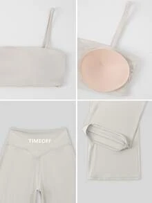 TimeOff Women's One Set Solid Color Spaghetti Strap Backless Bra High Waist Tummy Control Wide Leg Pants Sports Set - Apricot - View 4