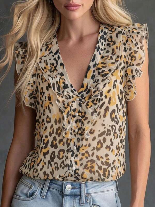 French Leopard Print V-Neck Ruffle Chiffon Blouse, Sleeveless Cinched Waist Slimming Casual Shirt For Commuting, Dating, Vacation, Elegant Summer