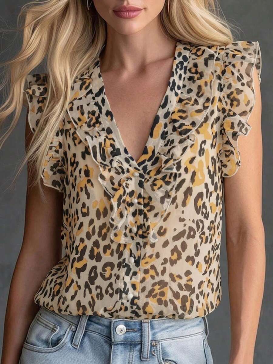French Leopard Print V-Neck Ruffle Chiffon Blouse, Sleeveless Cinched Waist Slimming Casual Shirt For Commuting, Dating, Vacation, Elegant Summer