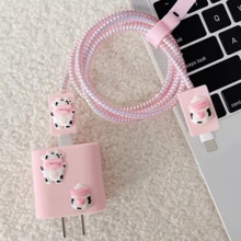 1組軟萌3D牛奶瓶充電器保護套,韓系Ins風粉色牛奶瓶數據線保護套組,相容Apple PD18W/20W原裝充電器,送女友的可愛禮物 - 站立小牛+奶瓶款 - 查看 10