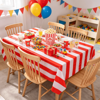 1pc Red & White Striped Disposable Plastic Rectangular Tablecloth 54x108 Inches, Carnival Circus Party, Birthday, July 4th Independence Day, Picnic BBQ, Indoor/Outdoor Holiday Dining Decoration Disposable Tablecloth
