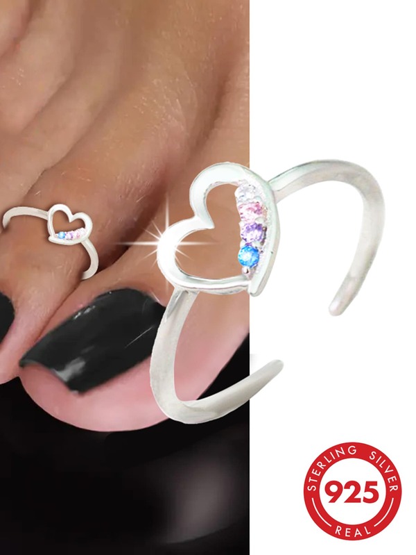 1 pieza Anillo de dedo del pie de plata de ley S925 personalizado, exquisito y estético, con diseño de corazón hueco e incrustaciones de circonita brillante y colorida, anillo de pie para mujer, simple, romántico, dulce, lindo, fresco, estilo Ins, suave, elegante, exquisito, versátil para uso casual, playa, vacaciones y diario