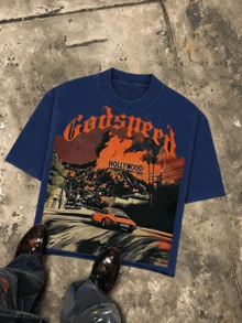 Holly Wood Hills Orange Sunset Distressed Y2K Street Graphic Tee, Oversized 180g Heavy Cotton, Daily Urban Shirt For Men - 藏蓝色 - 查看 16