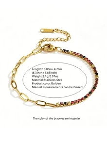 1pc Classic Elegant Style Stainless Steel Chain Bracelet With Colorful Glass Decoration, Suitable For Women's Daily Wear Or Holiday Gift For Best Friends - Yellow Gold - View 10