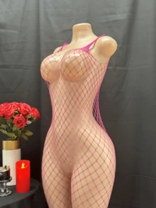 女款性感魚網開襠連身衣，優雅鏤空設計，高彈性，可手洗，親密之夜內衣 - 玫紅色 - 查看 2