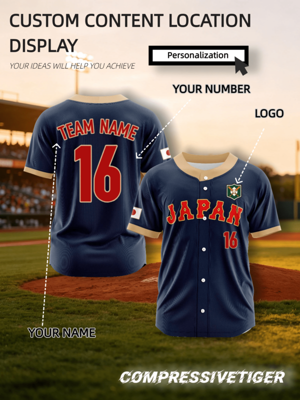 2026 Navy Blue Contrast Gold Trim Japanese Home Baseball Jersey, Supports Full Personalized Customization Service, Exclusive Team Name And Custom Number Can Be Printed On Chest, Exclusive Logo Can Be Freely Added To Chest, Name And Number Can Be Printed On Back; Made Of Soft Fabric, Suitable For Daily Wear On The Field, Loose Fit Button-Up Baseball Shirt, Team Uniforms, Fan Commemorative Apparel, Group Activity Clothing Can Be Customized As Needed, No Minimum Order Quantity, Exclusive Patterns And Text Can Be Created To Make Your Own Unique Jersey