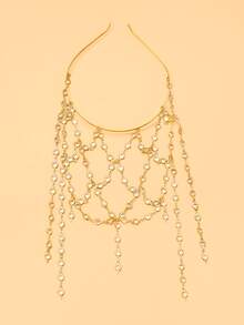 STONEFANS 1pc New Vintage Tassel Headband Niche Design Mesh Rhinestone Forehead Chain Hair Accessory Bohemian Style - Gold - View 7