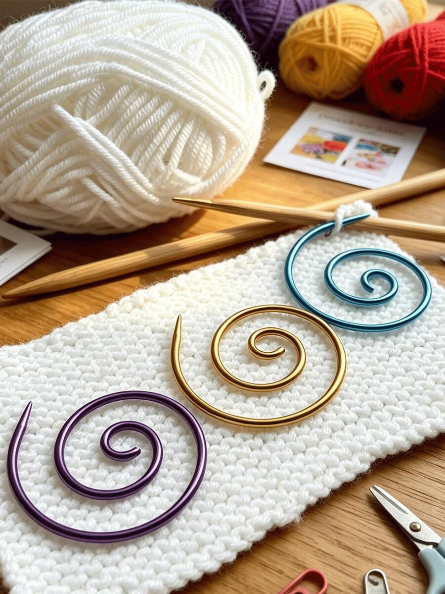 Spiral Metall Maschenmarkierer, Gelb, Blau, Lila, rostbeständig glatt wiederverwendbar, zum Fixieren der Maschenposition, geeignet für Häkeln, Stricken, Sticken, langanhaltend Nähzubehör für Strickbegeisterte - Spiralnadel - Übersicht 1
