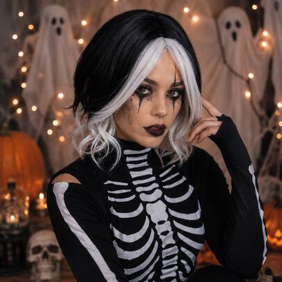 Black And White Wig For Women, 14 Inch Short Wavy Bob Synthetic Cosplay Wig With White Face-Framing Bangs, Two Tone Gothic Halloween Costume Wig For Witch Clown Party