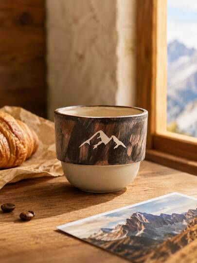 1pc 200ml Rustic Ceramic Coffee Cup, Japanese Handmade Glazed Stoneware Tea Cup, Wabi-Sabi Style Handleless Espresso Cup, Mountain Pattern Or Solid Color Brushed Finish, Minimalist Aesthetic Drinkware, Suitable For Coffee, Latte, Milk, Home Office, Kitchen, Restaurant, Gift