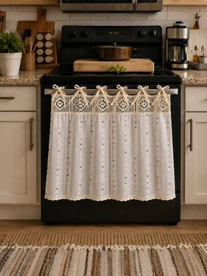 Bubaba Vintage Crochet Lace Oven Curtain - Bohemian Farmhouse Style Oven Dust Cover/Kitchen Decor Curtain, Farmhouse Style Oven Door Curtain With Lace Tie, Semi-Transparent Textured Polyester Kitchen Decor, Decorative Oven Handle Cover Curtain, 30 X 21.3 Inches