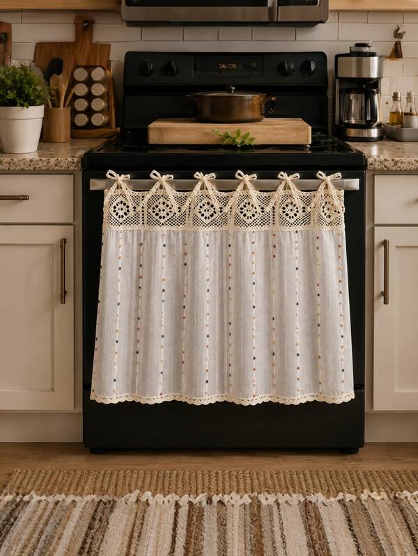Bubaba Vintage Crochet Lace Oven Curtain - Bohemian Farmhouse Style Oven Dust Cover/Kitchen Decor Curtain, Farmhouse Style Oven Door Curtain With Lace Tie, Semi-Transparent Textured Polyester Kitchen Decor, Decorative Oven Handle Cover Curtain, 30 X 21.3 Inches