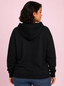 Women's Plus Size Plain Kangaroo Hoodie With Front Pocket And Hood Love Is All - 黑色1 - 查看 2