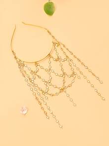 STONEFANS 1pc New Vintage Tassel Headband Niche Design Mesh Rhinestone Forehead Chain Hair Accessory Bohemian Style - Gold - View 3
