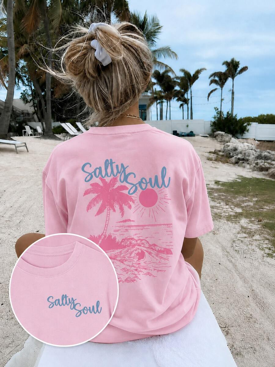 Women's Pink Salty Soul Palm Tree Graphic T-Shirt, Oversized Short Sleeve Tee, Vacation Outfits Women, Back To School Clothes, Fall Casual Top - 粉色 - 查看 1