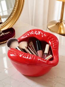 Glossy Red Lips Makeup Organizer, Vanity Storage Bowl For Brushes, Lipsticks, Mascara, Compacts And Beauty Tools; Creative Dressing Table Decor, Desktop Holder And Stylish Unique Gift For Makeup Lovers. - Classic - View 4